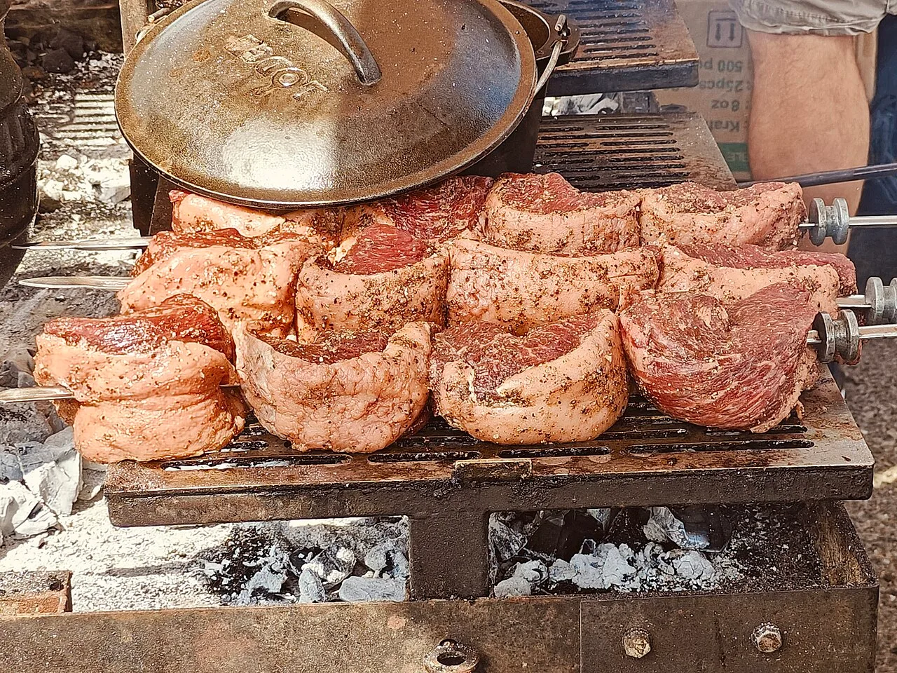 Куски пиканьи, согнутые дугой на шампурах над углями, жировой шапкой наружу